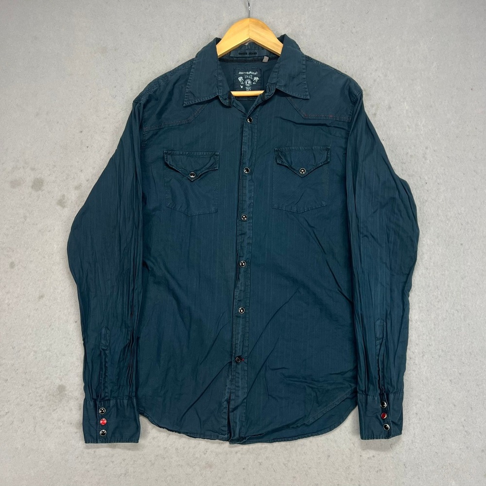 Vintage Guess Jeans Mens Western Embroidered Snap Button Shirt Teal Large